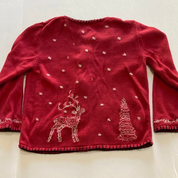 Coldwater Creek Sz Med Knit Sweater Zip Up Winter Cardigan Reindeer Snowflakes - Picture 7 of 12
